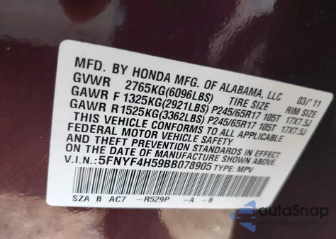 2011 Honda Pilot Ex-L из США, поврежденный, VIN 5FNYF4H59BB078905